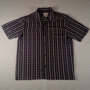 Quicksilver Men's Short Sleeve Button Up Shirt Blue with Red White Stripes